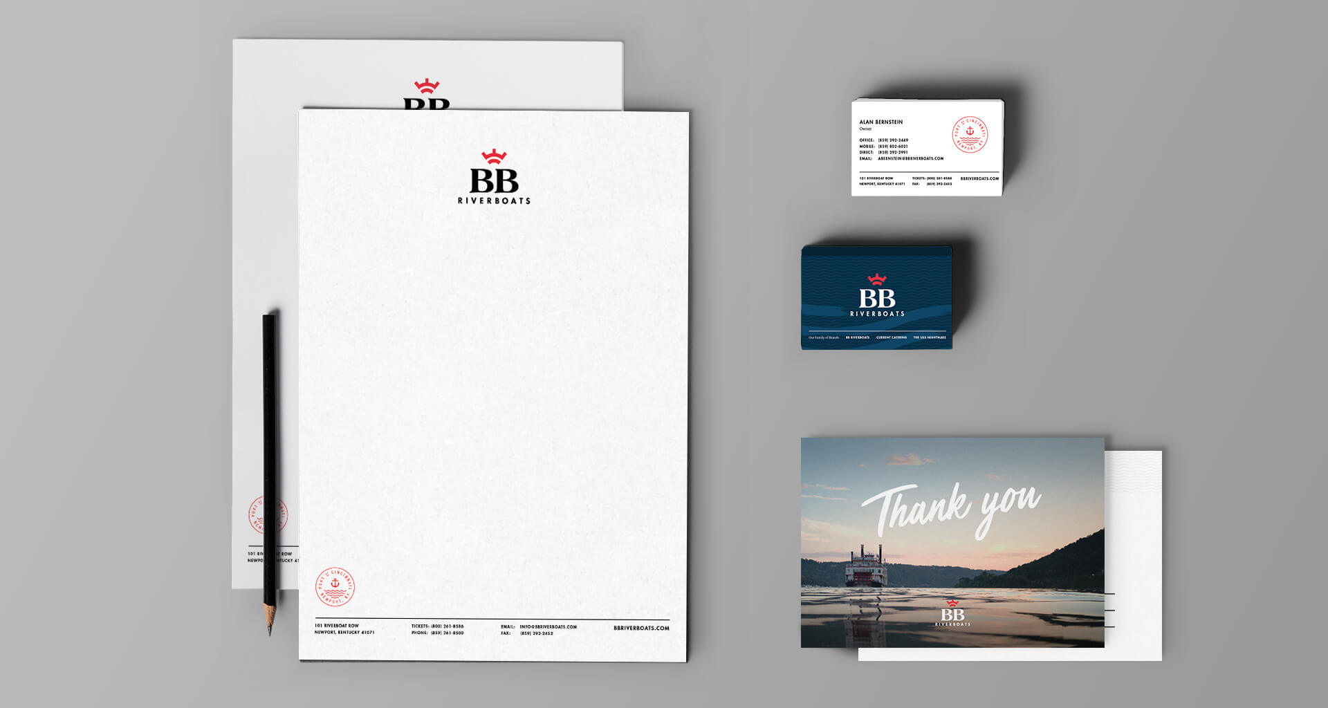 BB Riverboats stationary, business card, and thank you card design collateral