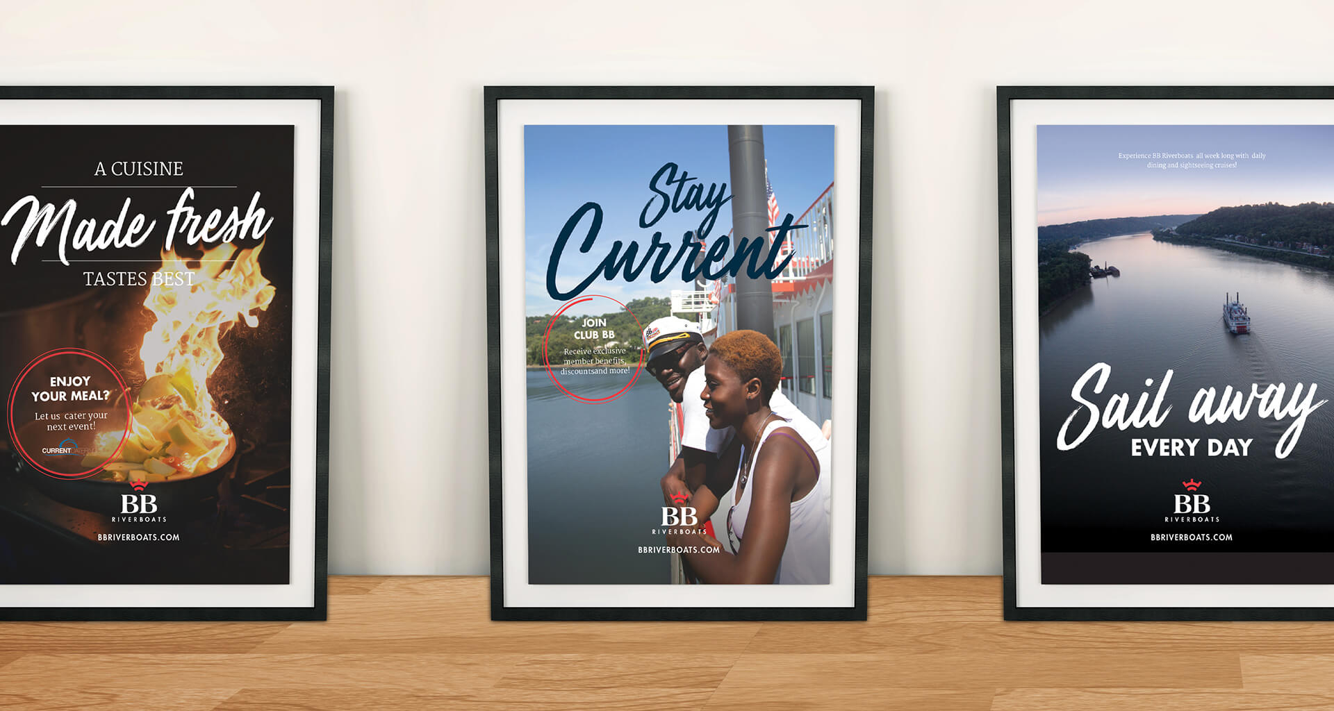 Framed BB Riverboats photography with branding overlays