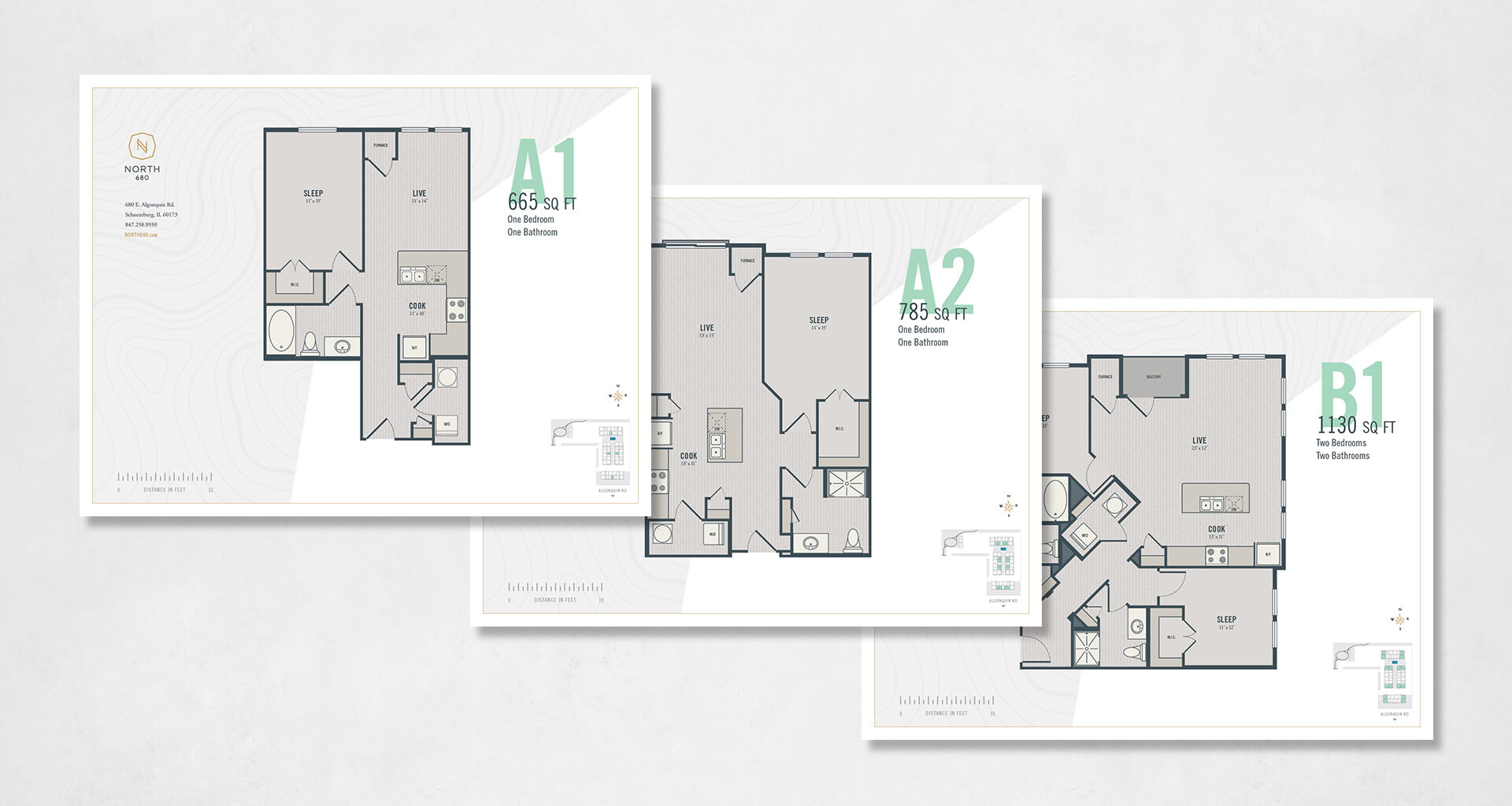 three floorplan graphics for North 680