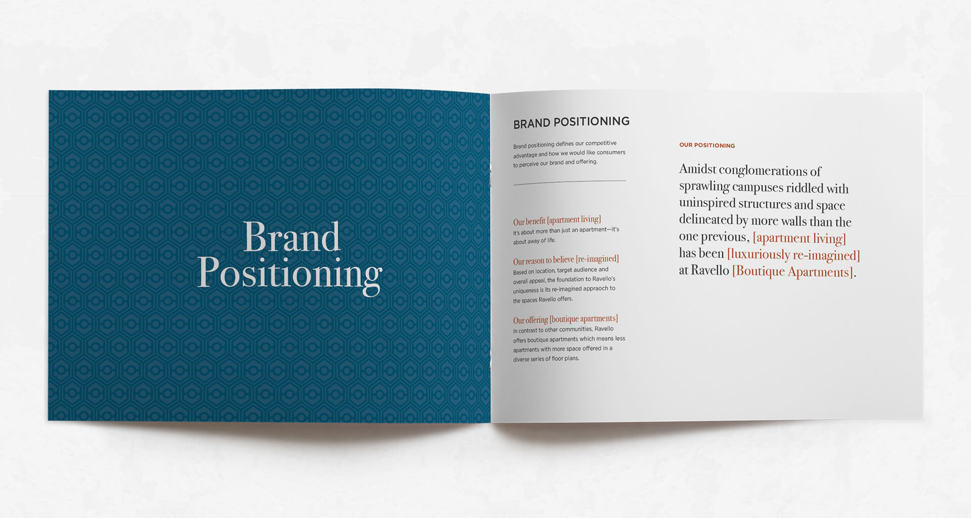 Brand positioning guide designed by Bluestone creative for Ravello Stonebriar