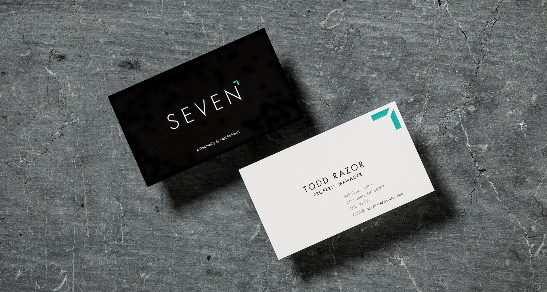 Seven at Broadway business card mockup design